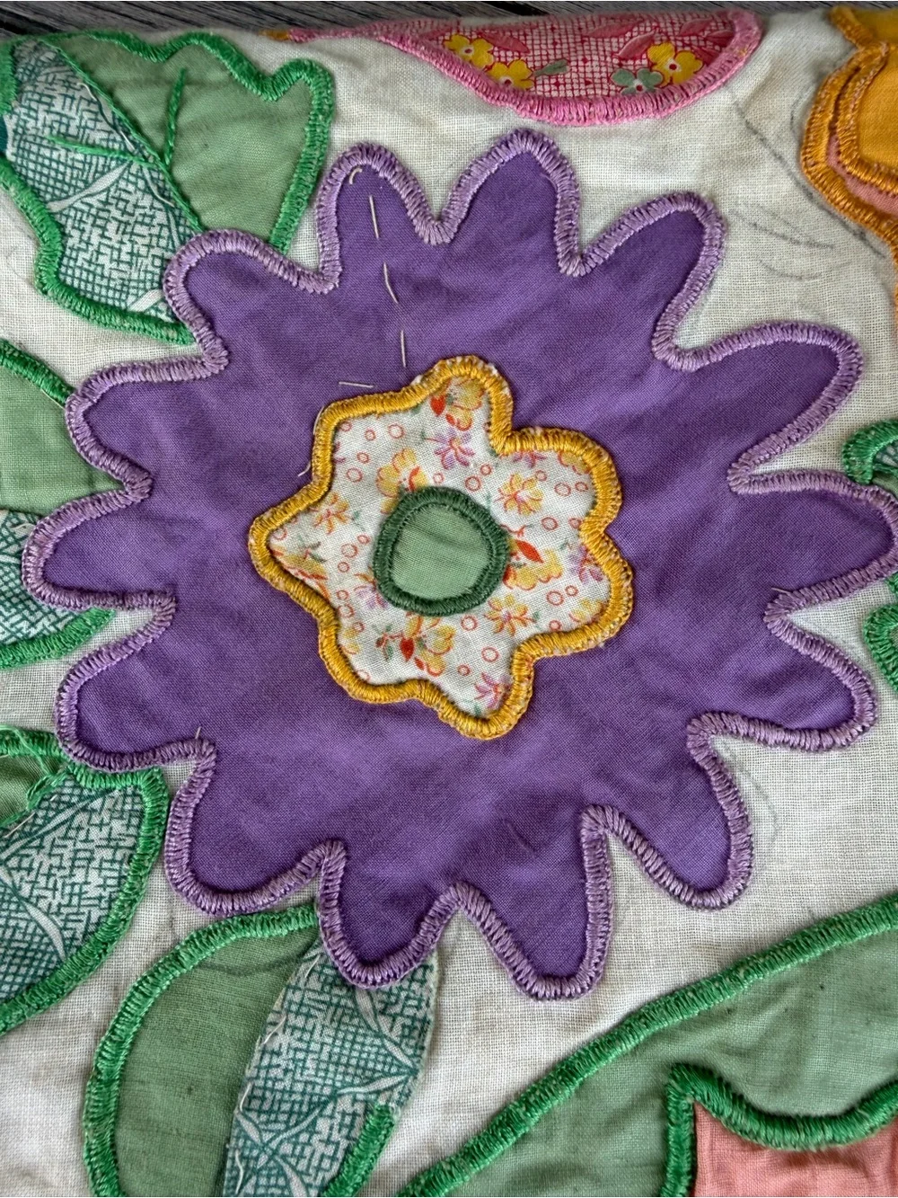Vintage Flower Basket Embroidered Appliqué Quilt Top Unfinished READ 80x105